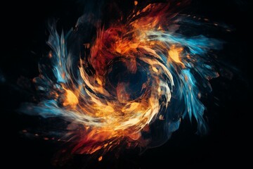 A fiery and watery spiral with a blue and orange swirl amidst a black backdrop, along with a red and blue swirl in the center. Generative AI