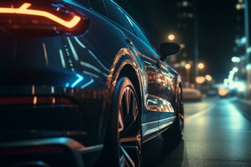 Blurred car lights moving in dark surroundings. Tech and transport theme. Generative AI