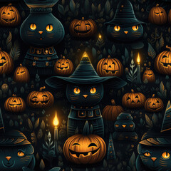 Pattern Haunting Halloween. Spooky Halloween pattern featuring bats, black cats, and Halloween pumpkins. Festive and eerie concept. AI Generative