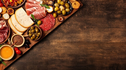 Fototapeta na wymiar Tempting Tapas and Charcuterie. Banner with blank space for text. Culinary delights and food advertising concept. AI Generative
