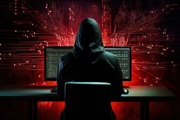 Silhouette of a man in a sweatshirt working on a computer with lines of code and binary digits around him, representing a hacker in action, Generative AI