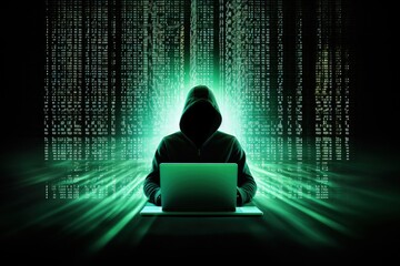 Silhouette of a man in a sweatshirt working on a computer with lines of code and binary digits around him, representing a hacker in action, Generative AI