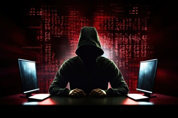 Silhouette of a man in a sweatshirt working on a computer with lines of code and binary digits around him, representing a hacker in action, Generative AI