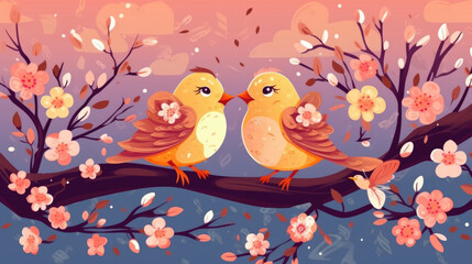 Romantic Reverie: Lovebirds, Hearts, and Blooms in Captivating Harmony - Ai Generative