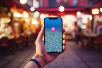 Hand holding smartphone with GPS navigation app and location pin icon on blurred shopping street in background, Generative AI