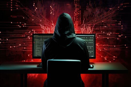 Silhouette of a man in a sweatshirt working on a computer with lines of code and binary digits around him, representing a hacker in action, Generative AI
