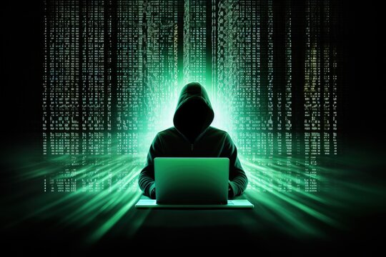 Silhouette of a man in a sweatshirt working on a computer with lines of code and binary digits around him, representing a hacker in action, Generative AI