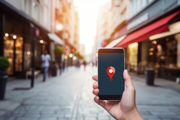 Hand holding smartphone with GPS navigation app and location pin icon on blurred shopping street in background, Generative AI