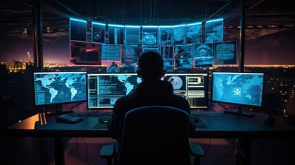 Hacker sitting at dimly lit futuristic workstation surrounded by monitors and computers, Generative AI
