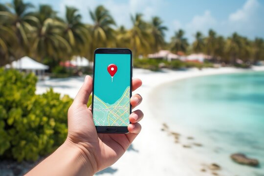 Hand holding smartphone with gps navigation app with location pin icon on maldives islands beach, Generative AI