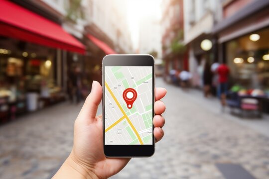 Hand holding smartphone with GPS navigation app and location pin icon on blurred shopping street in background, Generative AI