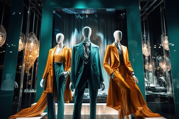 Naklejka premium Luxury store window with mannequins in designer clothes, designer store interior, Generative AI