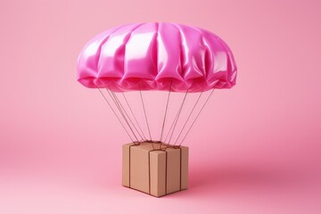 Parachute carrying parcel in package isolated on pink background, parachute with box, Generative AI
