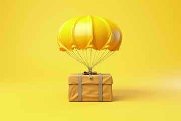 Parachute carrying parcel in package isolated on yellow background, parachute with box, Generative AI