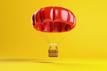 Red parachute with parcel package isolated on yellow background, parachute with box, Generative AI
