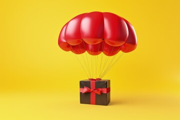 Red parachute with gift box isolated on yellow background, Generative AI