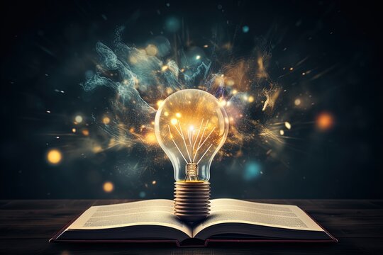 Open book with light bulb on top of table, concept of idea and creativity, Generative AI