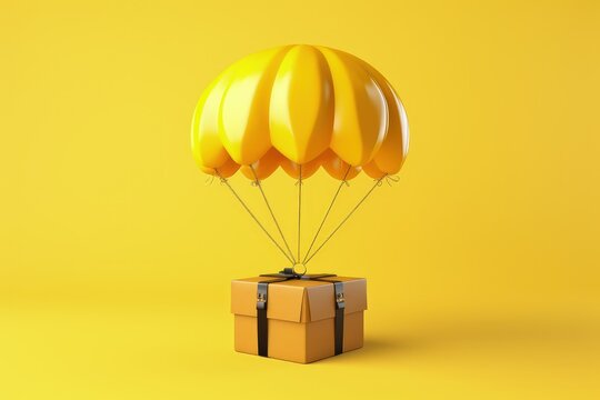 Parachute carrying parcel in package isolated on yellow background, parachute with box, Generative AI