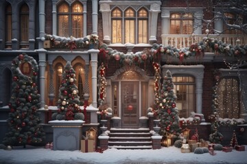 Christmas decoration home entrance with christmas tree and snow, Generative AI
