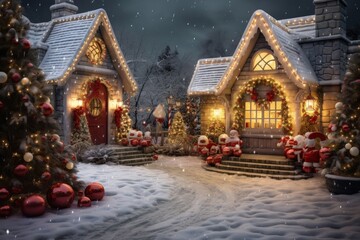 Obraz premium American house with Christmas decoration in winter season with a lot of snow, Christmas house facade, Generative AI