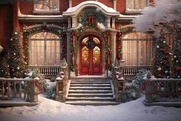 Obraz premium Christmas decoration home entrance with christmas tree and snow, Generative AI 