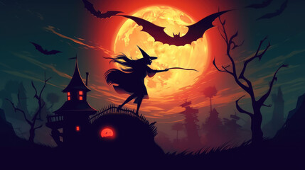 Haunted House and Enigmatic Shadows: Witch's silhouette against a moonlit sky with spooky bats and bare trees. Mystery concept - AI Generative
