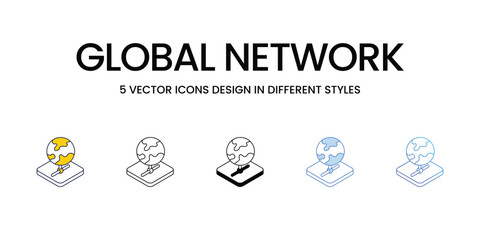 Global Network Icon Design in Five style with Editable Stroke. Line, Solid, Flat Line, Duo Tone Color, and Color Gradient Line. Suitable for Web Page, Mobile App, UI, UX and GUI design.