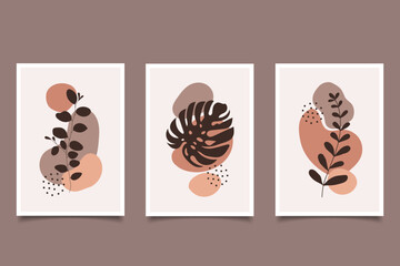 Set of boho botanical wall art with plant organic shapes design