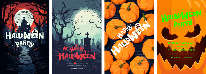 Happy Halloween party poster set. Drawing placards with old mansion, graveyard and pumpkin background. Art cover horror night. October 31 holiday evening promotional artwork. Typography print template