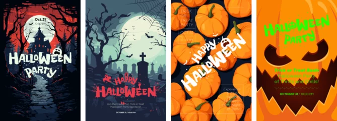 Deurstickers Happy Halloween party poster set. Drawing placards with old mansion, graveyard and pumpkin background. Art cover horror night. October 31 holiday evening promotional artwork. Typography print template © Azat Valeev