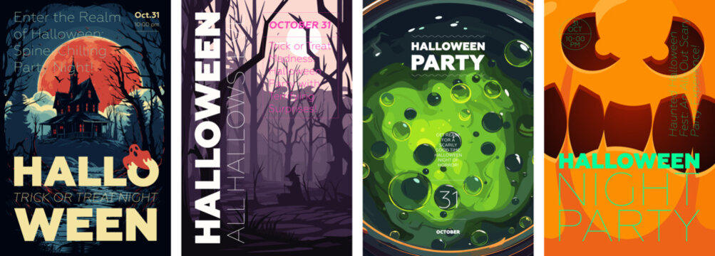 Happy Halloween party poster set. Placards with old mansion, witch in forest, poisonous potion and scary pumpkin. Art cover horror night. October holiday eve promotional artwork. Typography eps print