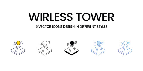 Wirless Tower Icon Design in Five style with Editable Stroke. Line, Solid, Flat Line, Duo Tone Color, and Color Gradient Line. Suitable for Web Page, Mobile App, UI, UX and GUI design.
