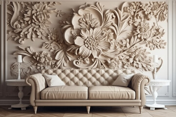 Sofá com ornamentos ao fundo Sofisticado Adornos Arabescos Abstrato Palácio Teto Igreja Barroco Rococó Estilo Flores Floral Dourado Século Ventage Retrô Pattern Background Textura