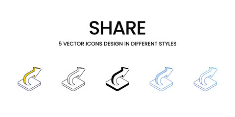 Share Icon Design in Five style with Editable Stroke. Line, Solid, Flat Line, Duo Tone Color, and Color Gradient Line. Suitable for Web Page, Mobile App, UI, UX and GUI design.