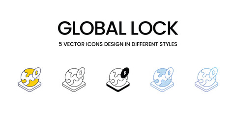 Global Lock Icon Design in Five style with Editable Stroke. Line, Solid, Flat Line, Duo Tone Color, and Color Gradient Line. Suitable for Web Page, Mobile App, UI, UX and GUI design.