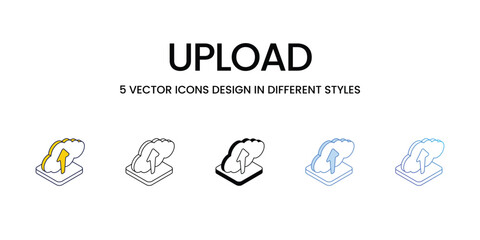 Upload Icon Design in Five style with Editable Stroke. Line, Solid, Flat Line, Duo Tone Color, and Color Gradient Line. Suitable for Web Page, Mobile App, UI, UX and GUI design.