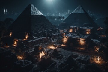 Nighttime pyramids among ancient ruins. Generative AI