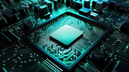 Closeup of electronic circuit board with CPU microchip electronic components futuristic big data connection technology concept