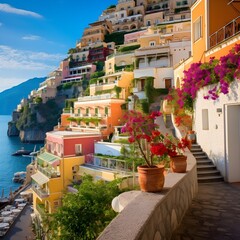 The image showcases the enchanting beauty of Positano, with its colorful houses perched along the cliffside, creating a mesmerizing palette that paints the coastal town with vibrant charm.