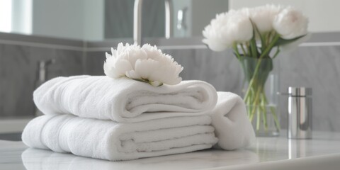 Fototapeta na wymiar Bathroom Towels on Marble Countertop Adorned with Flowers, Showcasing Photorealistic Detail and Monochromatic Serenity in a Light-Filled, Refreshing Ambiance