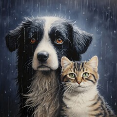 A playful and unexpected scene of a heavy downpour where cats and dogs get drenched creating a whimsical and humorous twist on the figurative saying "raining cats and dogs."