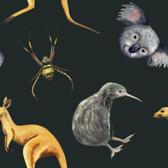 Animals watercolor seamless pattern with koala, kangaroo, spider, kiwi bird isolated on black. For kids print, wrapping paper, animal background. Australia and New Zealand fauna.
