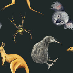 Obraz premium Animals watercolor seamless pattern with koala, kangaroo, spider, kiwi bird isolated on black. For kids print, wrapping paper, animal background. Australia and New Zealand fauna.