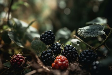 An image depicting ripe and unripe blackberries growing on a bush in a garden, representing food. Generative AI