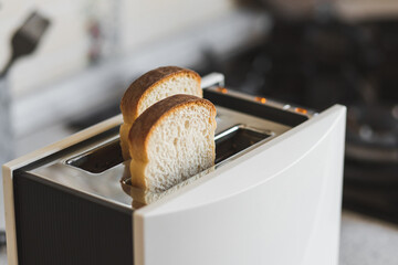 Modern toaster ready to toast white bread for a delicious breakfast. - obrazy, fototapety, plakaty