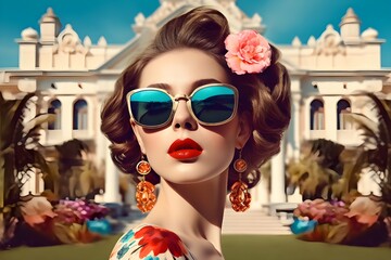 Fototapeta premium Amazing looking young woman in sunglasses with flowers in her hair; mansion in background. Generative AI.