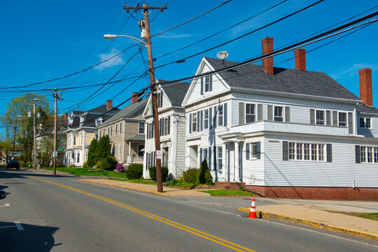 Historic residential building on Market Street at the historic city center of Amesbury, Massachusetts MA, USA. 
