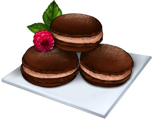 Chocolate macaron or coffee flavour sweet dessert watercolor illustration