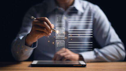Businessman pointing to a checklist document for project management. Efficient project planning and coordination for business success