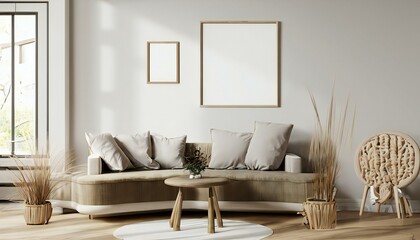 Mock up frame in cozy home interior background, coastal style bedroom